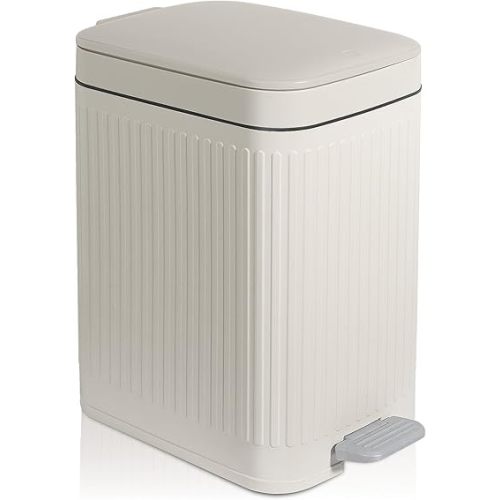 Small Bathroom Trash Can with Lid, 2.6 Gallon Slim Soft Close Step, Cream