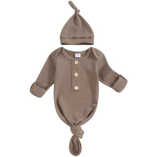 KMBANGI Newborn Baby Boys Girls Knotted Gown Hat Set Long Sleeve Button Infant Sleeper Baby Sleep Gown with Mittens