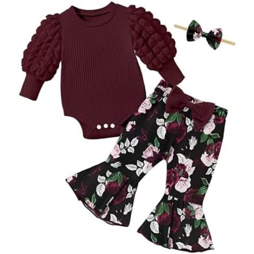 NAPU Baby Girl Clothes Long Sleeve Romper 3Pcs Baby Girl Outfits Flare Pants Set with Headband Fall Baby Girl Winter Clothes