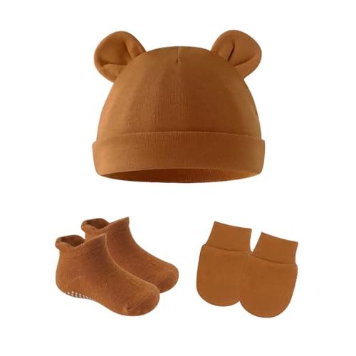ZURLEFY Cotton Ears Baby Hats Mittens with Socks Set Unisex, No Scratch Mittens and Beanie Cap for Infant Toddler Newborn