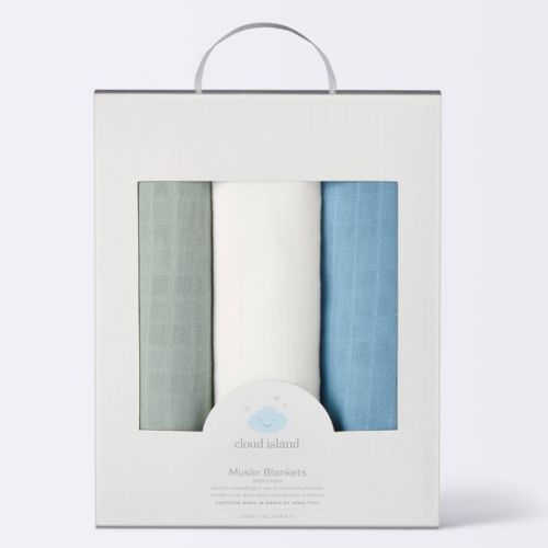Muslin Swaddle Baby Blanket - Blue Neutrals - 3pk - Cloud Island™: 47x47 Inches, Cotton, Logo Pattern