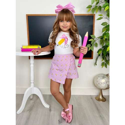 Schoolgirl Chic Puff Sleeve Top and Striped Skort Set