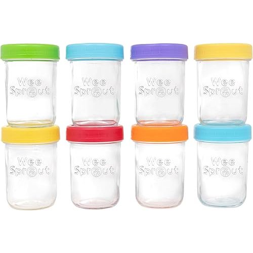 WeeSprout Glass Baby Food Storage Jars w/Lids (8 oz, 8 Pack Set) Snack, Puree, Reusable Small Containers, Breast Milk, Fridge or Freezer, Microwave & Dishwasher Safe, Essential Must Have for Infants