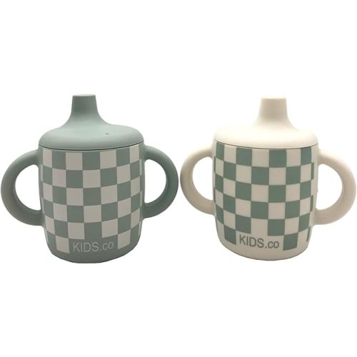 Silicone Sippy Cup and Training Cup for Baby 6 months+ Soft Spout and Handles Unbreakable Easy Grip for Babies 6-12 months and Toddlers 1-3 years 5oz/150m… (Sandy Shore and Green Checkers)
