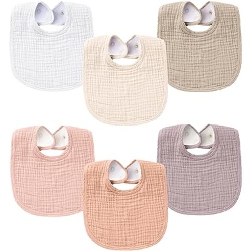Konssy Muslin Baby Bibs for Boys Girls 6 Pack, Cotton Baby Bib for Drooling and Teething, Absorbent & Adjustable Bandana Bibs