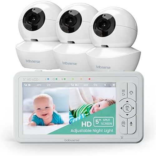 Babysense 5" HD Split-Screen Baby Monitor, Video Baby Monitor with Camera and Audio, Three HD Cameras with Remote PTZ, Night Light, 960ft Range, Two-Way Audio, 4X Zoom, Night Vision, 4000mAh Battery