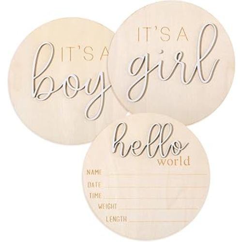 3PCS Gender Reveal Wooden Sign, It's a Boy It's a Girl & Hello World Birth Announcement for New Boys and Girls, Birth Announcement for Hospital, He or She Photography Prop, Boho Gender Reveal Decor