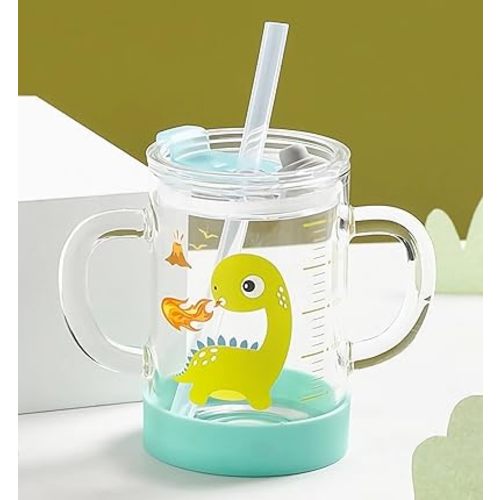 Kids Glass Tumbler with Handles Cute Milk Water Cup Bottle with Silicone Straw and Lid Scale Juice Milk Drinking Mug Heatable Leak Proof Glass Tumbler Children Friendly Travel Water Cup Gift