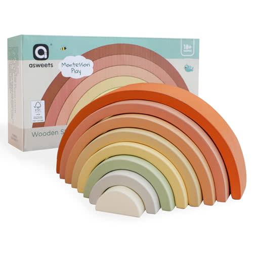 Asweets Wooden Stackable Rainbow Toy, 8 PCS Wooden Building Blocks Set for 1 2 3 Baby, Kids and Toddlers, Montessori Rainbow Nesting Puzzle, Best for 18M+, Cognitive Development (Pink)