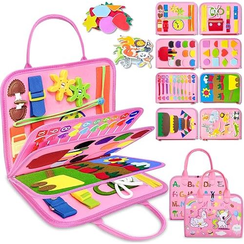 Exorany Busy Board Montessori Toys for 1 2 3 4 Year Old Girl Birthday Gifts, Busy Book Sensory Learning Toys for Toddlers 1-3 2-4, Toddler Girl Travel Educational Activities