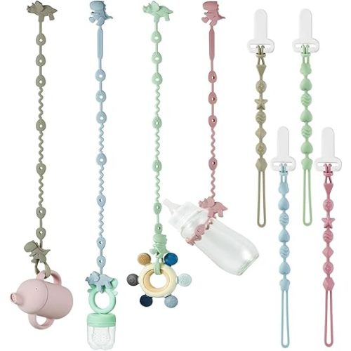 PandaEar 8 Pack Baby Toy Straps & Silicone Pacifier Clips, Dinosaur Silicone Pacifier Teether Harness Straps and Pacifier Holder Clips with One Piece Design for Baby Boys & Girls