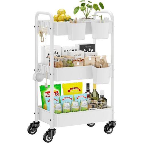 YASONIC Metal 3 Tier Rolling Cart - Heavy Duty Utility Cart with Lockable Wheels, Hanging Cups, Hooks, Mesh Rolling Storage Cart Craft Cart Organizer, Lightweight and Sturdy, White