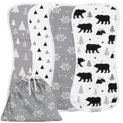 Organic Burp Cloths for Baby Boys and Girls with Bag - XLarge Absorbent Burping Clothes, Newborn Towel, Milk Spit Up Rags, Burpy Cloth Bib for Unisex, Boy, Girl, Baby Bear Woodland, 4 Pack
