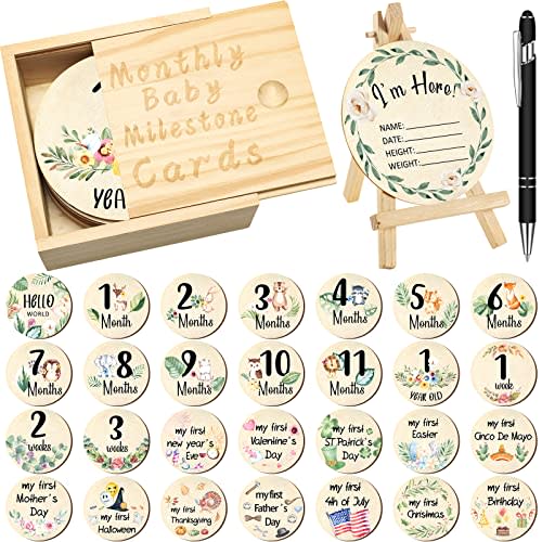 Wesiti 31 Pcs Baby Monthly Milestone Sign Wooden Set Double Sided Hello World Milestone Cards Pregnancy Journey Birth Announcement Props for Baby Boy Girl (Vivid)