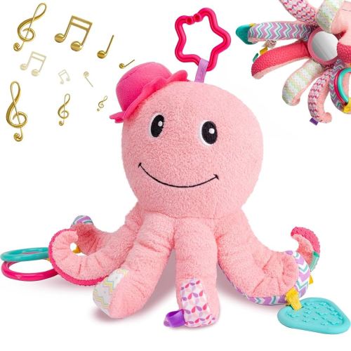 Sumobaby Infant Baby Musical Stuffed Animal Activity Soft Toys, Baby Teething Toys with Multi-Sensory Crinkle, Rattle and Mirror, for Tummy Time Newborn 0-3-6-12 Months Girls, Octopus, Pink