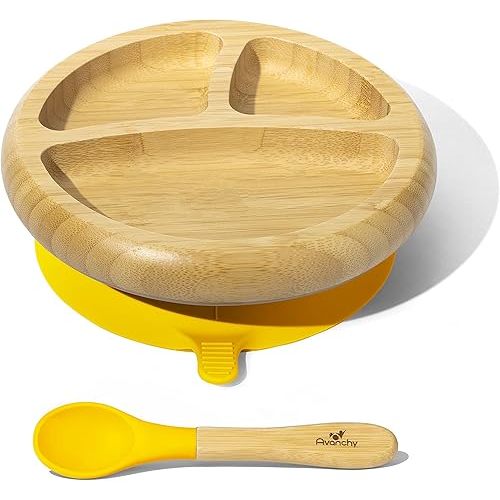 Avanchy Baby Plates Divided Bamboo with Suction for Babies Kids Toddler Food with Silicone Spoon for Feeding (Yellow)