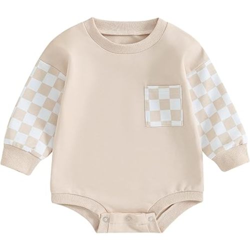 AEEMCEM Newborn Baby Boy Girl Clothes Checkered Sweatshirt Bubble Romper Oversized Long Sleeve Pullover Bodysuit Top