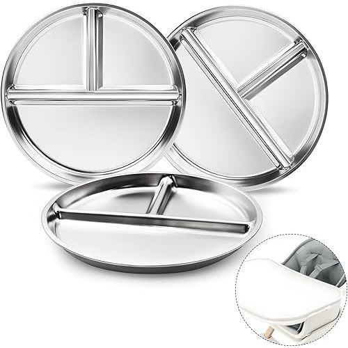 Stainless Steel Kids Plates 3 Packs, 8" Divided Toddlers Portion Control Plate, Non Toxic & BPA Free |Unbreakable |Dishwasher Safe Baby Snack Dish for Solid Starts Self-Feeding