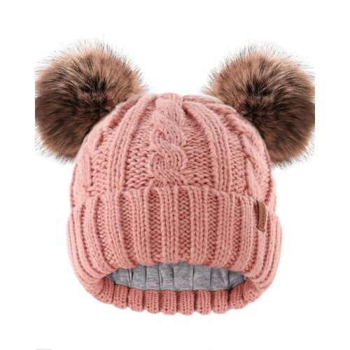 FURTALK Toddler Warm Winter Hat Kids Baby Knitted Soft Beanie with Double Faux Fur Pom Poms for Girls Boys