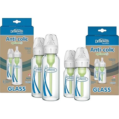 Dr. Brown's Natural Flow Anti-Colic Options+ Narrow Glass Baby Bottles, Made in The USA, BPA Free, 8oz and 4oz, 0m+, 4-Pack