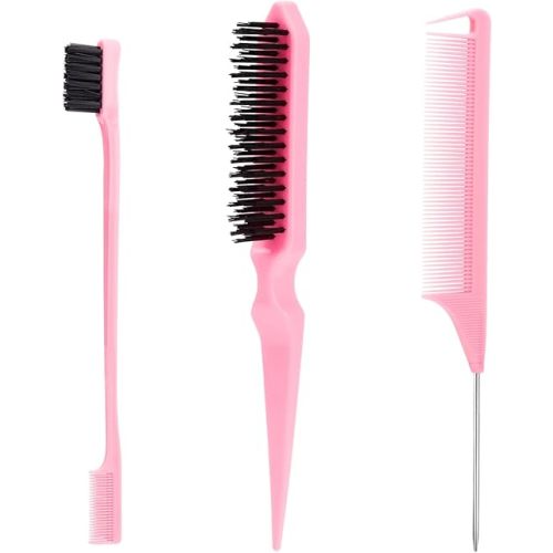 3 Pcs Slick Back Hair Brush with Rat Tail Comb, Edge Brush, Bristle Brush, Teasing Brush Set for Sleek Ponytail/Bun, Edge Control and Smoothing Baby Hair & Flyaways - Pink