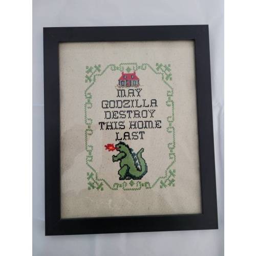 May Godzilla Destroy This Home Last Framed Embroidered wall hanging fiber art