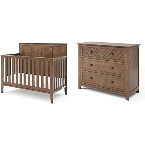 Child Craft Atwood Design 4-in-1 Convertible Baby Crib Nursery Furniture Set, Baby Bed and 3 Drawer Dresser, for Babies, Toddlers and Kids Bedroom (2 Piece - Cocoa Bean Brown)