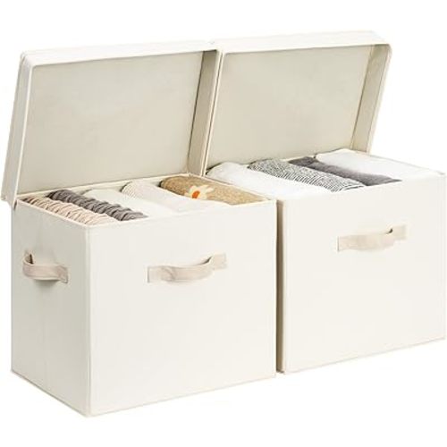 StorageWorks Storage Bins with Lid, Decorative Fabric Storage Bins with Handles, Stackable Closet Organizers for Shelves and Bedroom, Large, Beige(Cotton Linen), 2-Pack