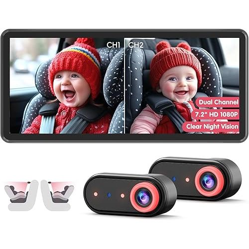 BM5 PRO Baby Car Camera for 2 Kids, 7.2" 1080P Dual Channel Display for Car Seat, Easy Installation with 2 IR Night Vision Cameras, Rear Seat Safety for Babies and Pets