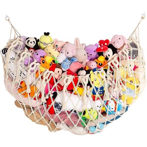 Stuffed Animal Net or Hammock Wall Hanging Net for Stuffed Animal Storage Macrame Toy Display Plush Toy Holder Soft Toy Organizer for Nursery Baby Bedroom Playroom-Cream