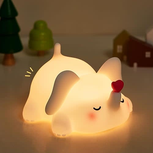 Sweet Heart Elephant Night Light, LED Squishy Novelty Animal Cute Lamp, Food Grade Silicone Nightlight, Dimmable Light Up Elephant Decor for Room College, Boys Girls White Elephant Gifts