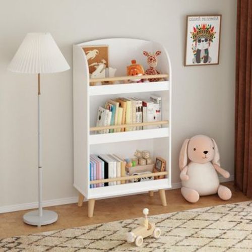 KTMBDW 3-Tier Kids Bookshelf, Toddler Book Display Shelves, Toy Storage Rack for Classrooms, Playrooms, and Nursery, Wooden Children Book Rack, White