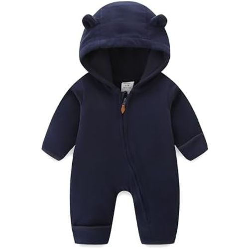 Newborn Onesie Winter Snowsuit With Fold-over Mittens & Footies Zip Up Baby Fleece Jumpsuit 0-6M