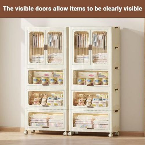 4-Tier Kids Wardrobe Closet w/Doors, Wheels & Hanging Rod - Portable Baby Clothes Organizer w/10 Hangers