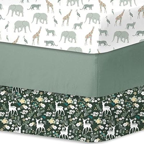 Little Grape Land 3 Piece Soft & Breathable Baby Crib Sheet Set with Cartoon Print, Fits Standard Crib Mattress Hypoallergenic for Newborns & Toddlers (Deer)