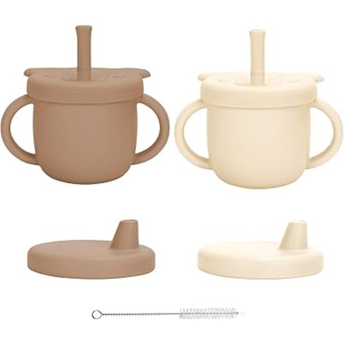 Silicone Baby Sippy Cups, 8.54 Oz 3 Stages Training Cup, Silicone Straw Cup for Infants Toddlers 6-12 Month and Kids 1-3 Year, 2 Colors, Beige+Brown
