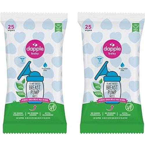 Breast Pump Wipes by Dapple Baby, Hypoallergenic & Powered by Plants, Removes Milk Residue, Leaves No Taste, Convenient Wipes Pouch, Fragrance Free, 25 Count (Pack of 2)