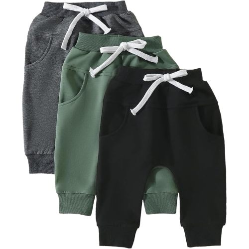 Yoawdats Baby Boys' 3-Pack Pull-on Jogger Pants Knit Pants Classic Fit Elastic Waist Kids Toddler Pants Multipacks Long Pants