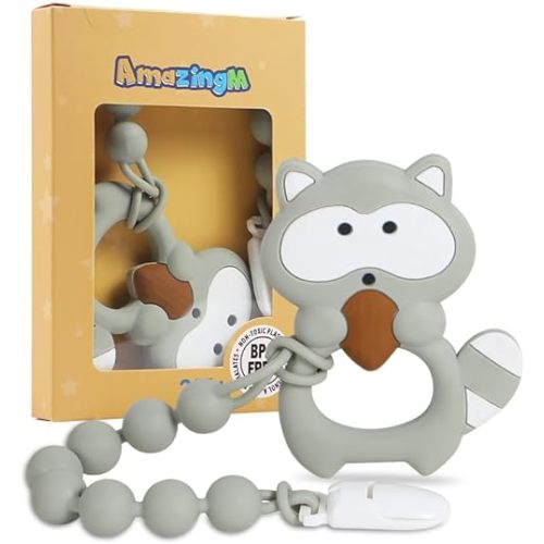 Baby Food Grade Silicone Teether Toy with One Piece Design Pacifier Clip Holder,Teething Pain Relief Toys Gift Set for 3 Months+ Boys and Girls,Freezer Safe,BPA Free. (Gray Raccoon)