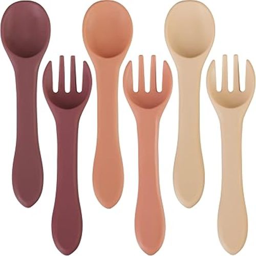 6 Pieces Silicone Baby Feeding Forks and Spoons Set Hot Safety First Stage Self Feeding Supplies Mini Kids Utensils for Over 6 Months Babies Boy Girl Toddlers First Foods (Plain Color)