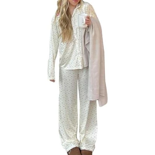 Women 2 Piece Floral Pajama Set Button Down Long Sleeve Wide Leg Fruit Set Cute Pjs Y2K Loungewear Sleepwear S-XL