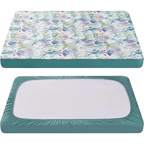 TILLYOU Pack and Play Sheet - Soft Quilted Crib Cover Pad, Toddlers Mattress Protector with 1''-3'' Deep Pocket, Thick Play Yard Playpen Sheets, Crib Mattress Pad 39"x27", Rainforest Elephant