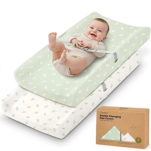 2-Pack Organic Changing Pad Covers for Girl, Boy, Neutral - 100% Cotton Changing Table Pad Cover, Soft Baby Nursery Diaper Changing Pad Sheets, Contour Changing Pads Liners, Change Pad Cover (Herb)