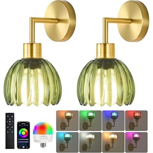 Vintage Battery Operated Wall Sconces Set of 2,Gold Wall Lights with Remote Control & Glass Lampshape,Wireless Wall Lamp 12 Color Rechargeable Battery Powered Wall Sconces for Bedroom Living Room