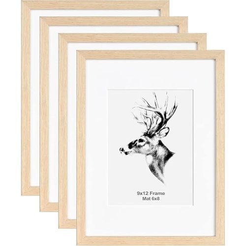 Yaetm 9x12 Oak Picture Frame with Mat for 6x8 Set of 4, Solid Natural Wood Frames 9 x 12 with Tempered Glass for Photos, Posters & Art Prints, Horizontal and Vertical Wall Mount (4 Pack, Oak)
