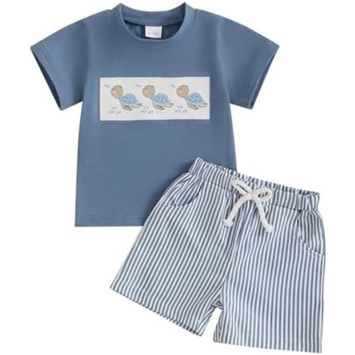 Toddler Boy Lobster Short Outfit Crawfish/Turtle/Crab Embroidery Short Sleeve Tops Stripe Shorts 2Pcs Animal Outfit