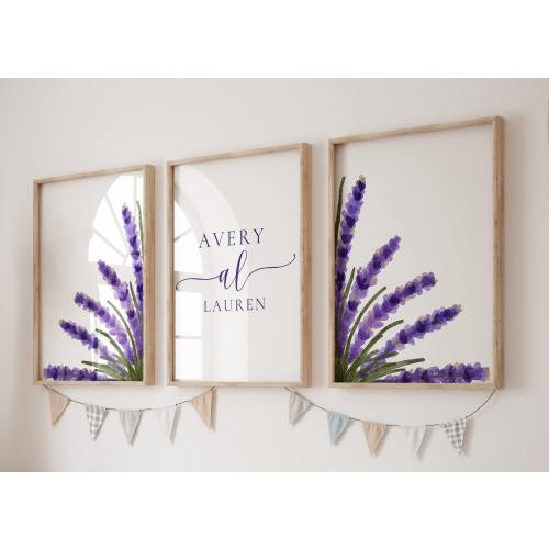 Watercolor Botanical Nursery Prints Personalized Name For Baby Girl Lavender Nursery Art Set of 3 Custom Wall Prints For Girl Bedroom