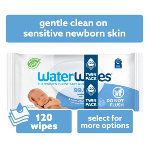 WaterWipes Original 99.9% Water Based Baby Wipes, Unscented, 2 Resealable Packs (120 Wipes)