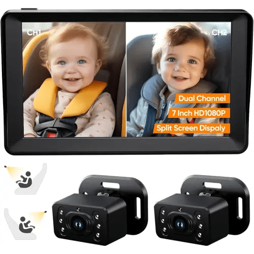 Baby Car Camera for 2Kids-7 Inch IPS Display with Dual Carseat Camera, Split Screen, Night Vision, HD 1080P,150° Wide View & 360° Rotatable- Easy Install Car Mirror Baby Rear Facing Backseat Camera