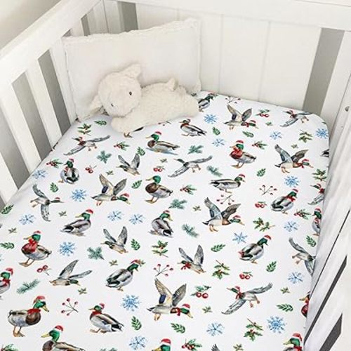 Christmas Mallard Duck Hunting Baby Crib Sheets 52''x28'' Wild Ducks Cherry Fir Leaves Snowflakes Fitted Crib Mattress Cover Boy Girl Winter Holiday Soft Bed Sheet for Standard Crib Toddler Mattress